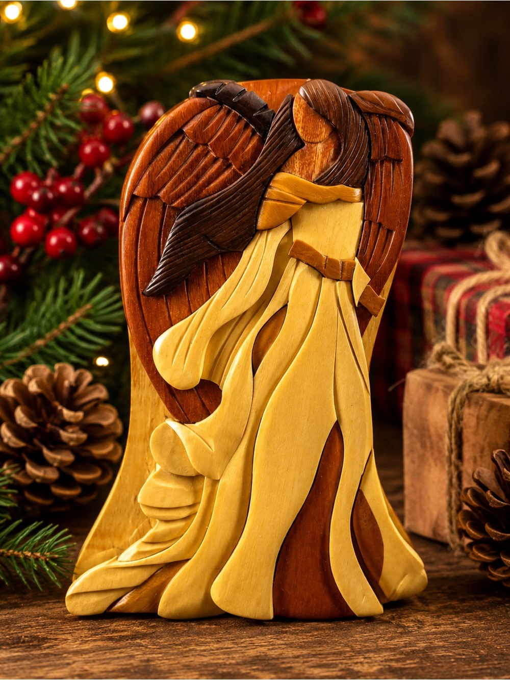 Vintage Hand Carved Wooden Christmas Angel Puzzle‎ Trinket Box Hidden Secre